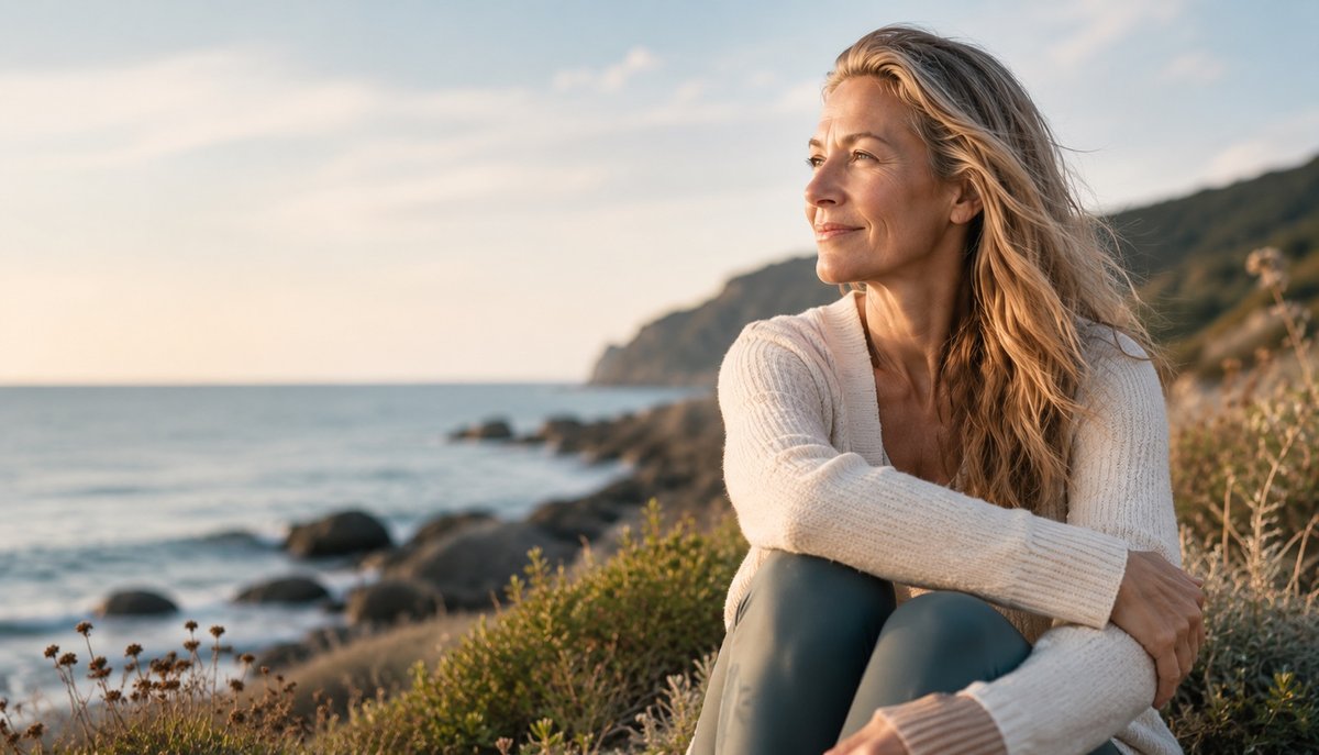 Woman by the ocean representing healthy aging, skin elasticity, joint support, and gut health with marine collagen peptides.