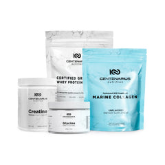 daily essentials supplement bundle grass fed whey protein isolate Creapure creatine glycine marine collagen strength recovery beauty longevity clean no fillers Centenarius Nutrition