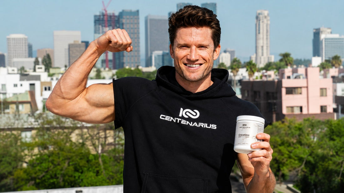 Athlete holding Centenarius Nutrition Creapure creatine monohydrate, supporting strength, performance, and clean daily supplementation. 