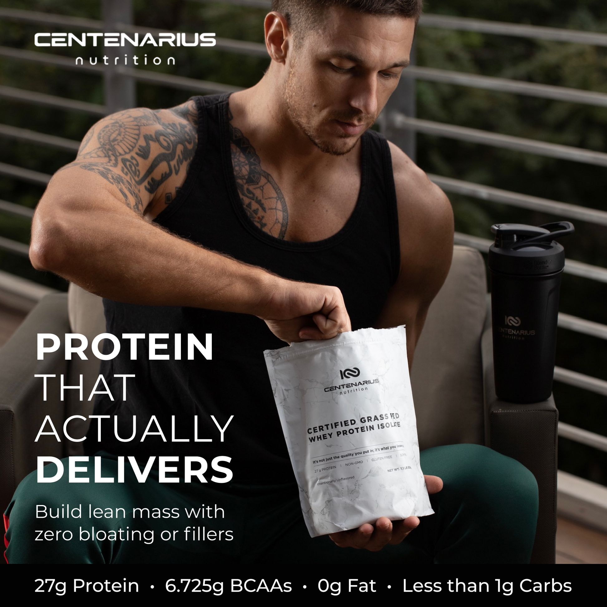 grass fed whey protein isolate for GLP-1 users prevent muscle loss on Ozempic Wegovy 27g protein 6.725g BCAAs zero fat zero bloating build lean mass no fillers Centenarius Nutrition