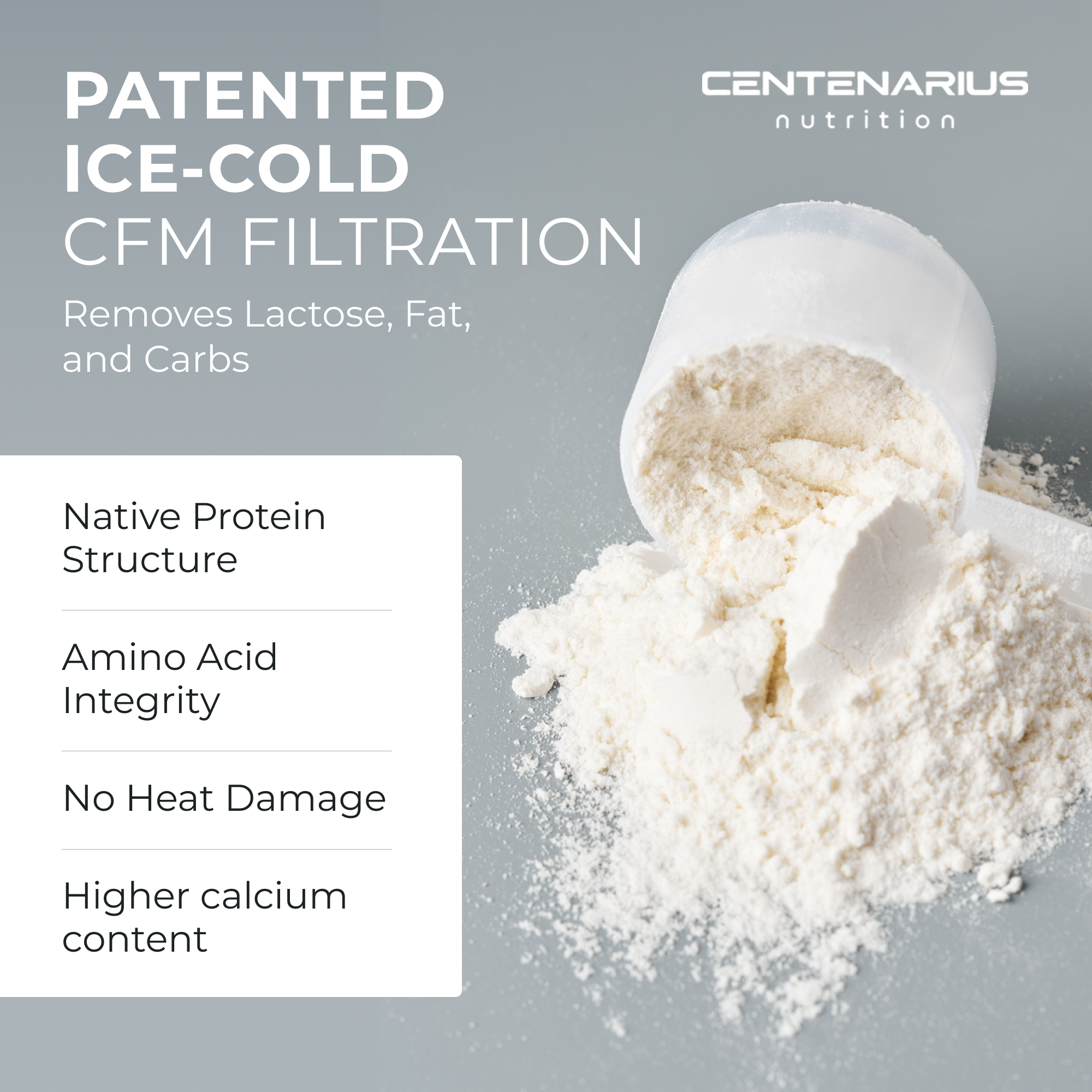 grass fed whey protein isolate lactose free zero carbs zero fat cold processed no heat damage pure amino acids Centenarius Nutrition