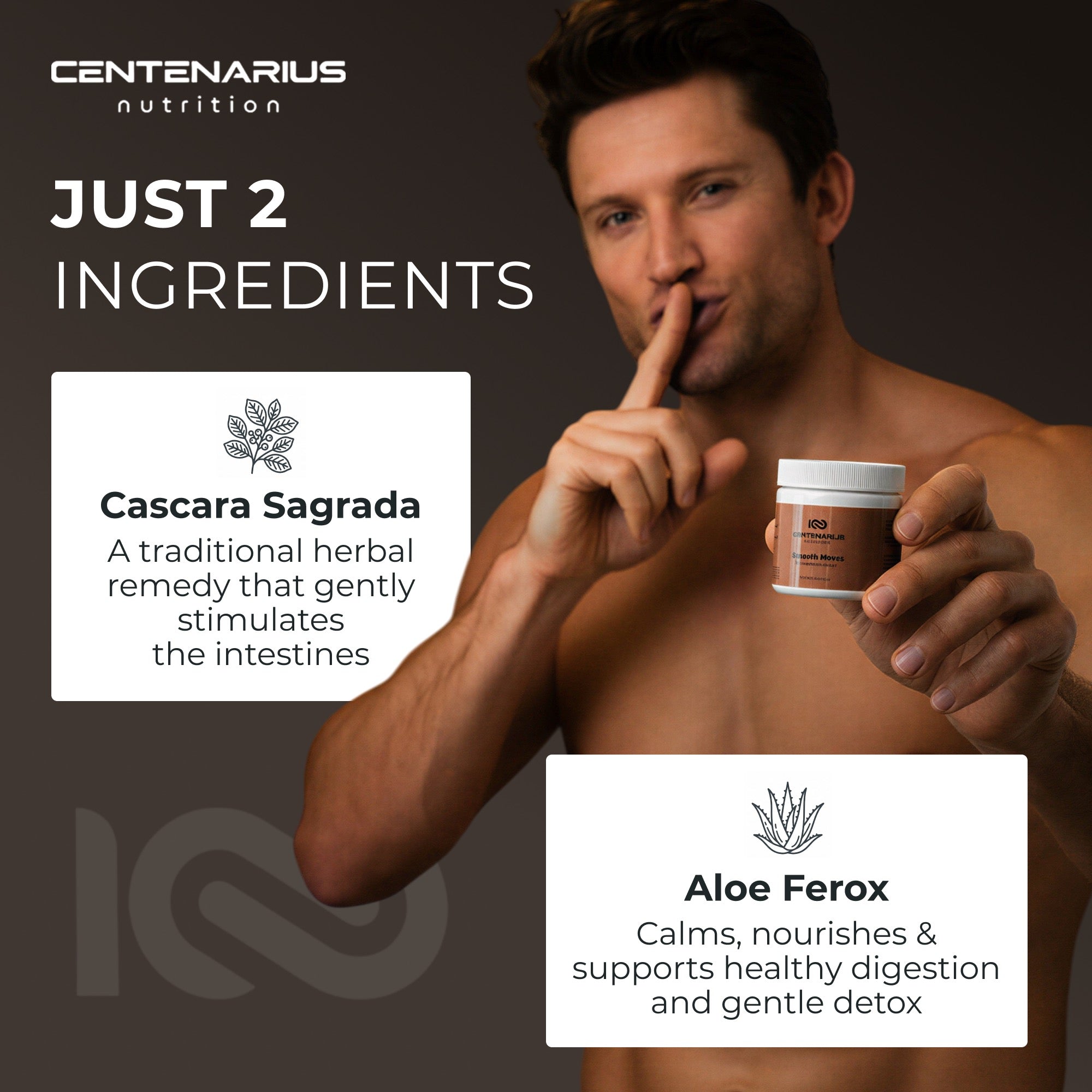 Smooth Moves just 2 ingredients cascara sagrada traditional herbal remedy gently stimulates intestines aloe ferox calms nourishes healthy digestion gentle detox clean formula no fillers Centenarius Nutrition