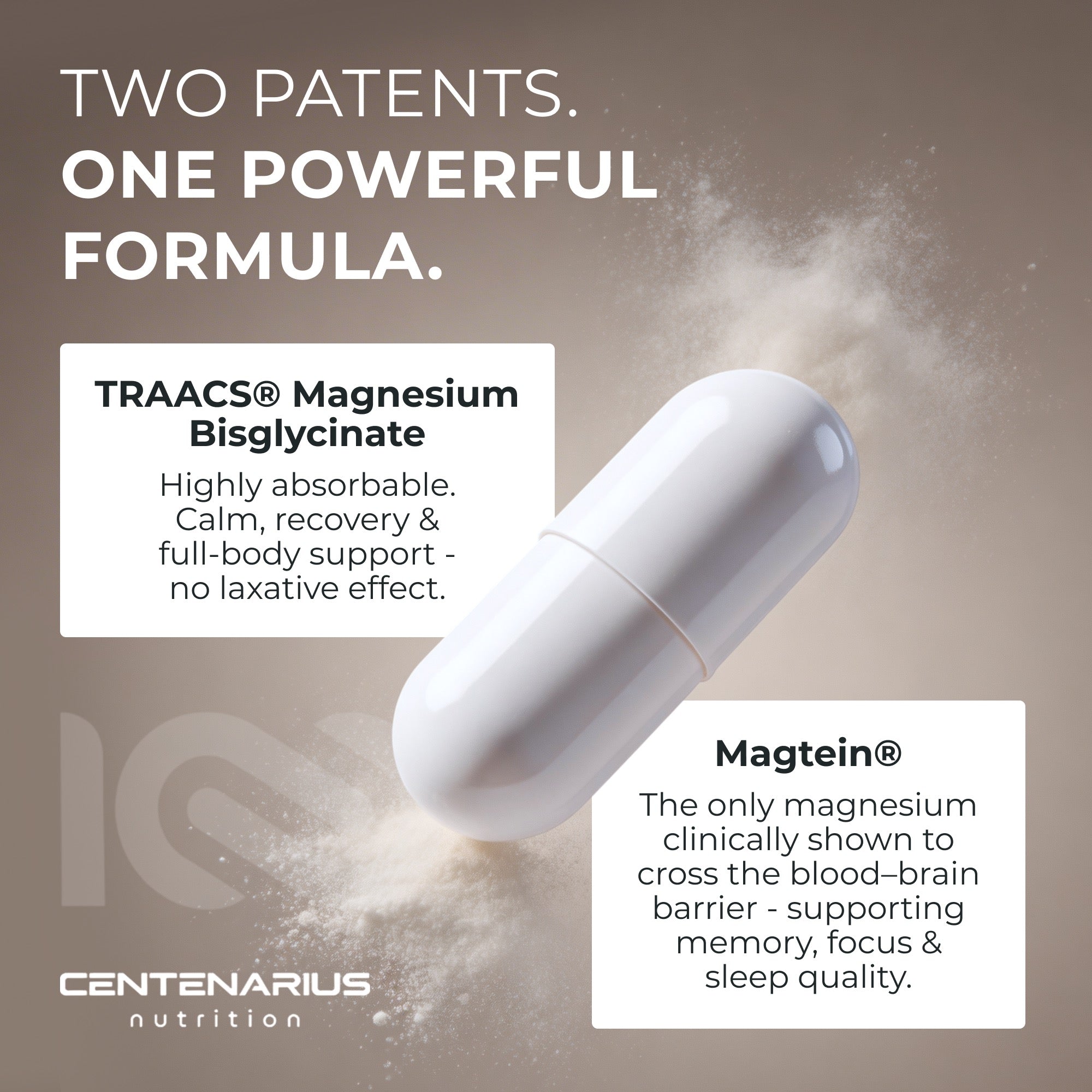 TRAACS magnesium bisglycinate highly absorbable calm recovery no laxative effect Magtein crosses blood brain barrier memory focus sleep quality two patented forms one formula