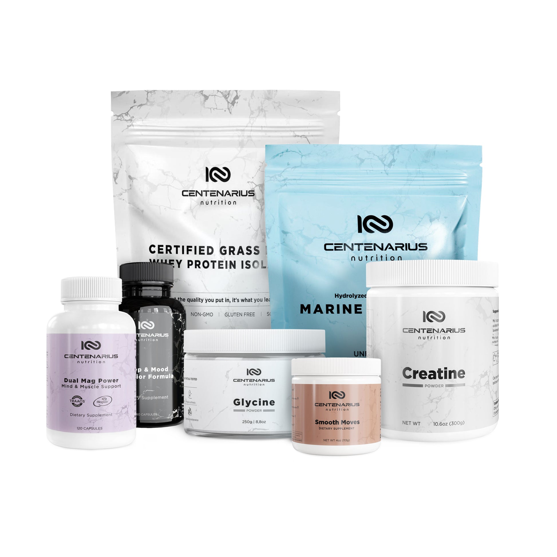 longevity supplement bundle whey protein isolate marine collagen Creapure creatine glycine magnesium sleep formula digestive support clean no additives Centenarius Nutrition