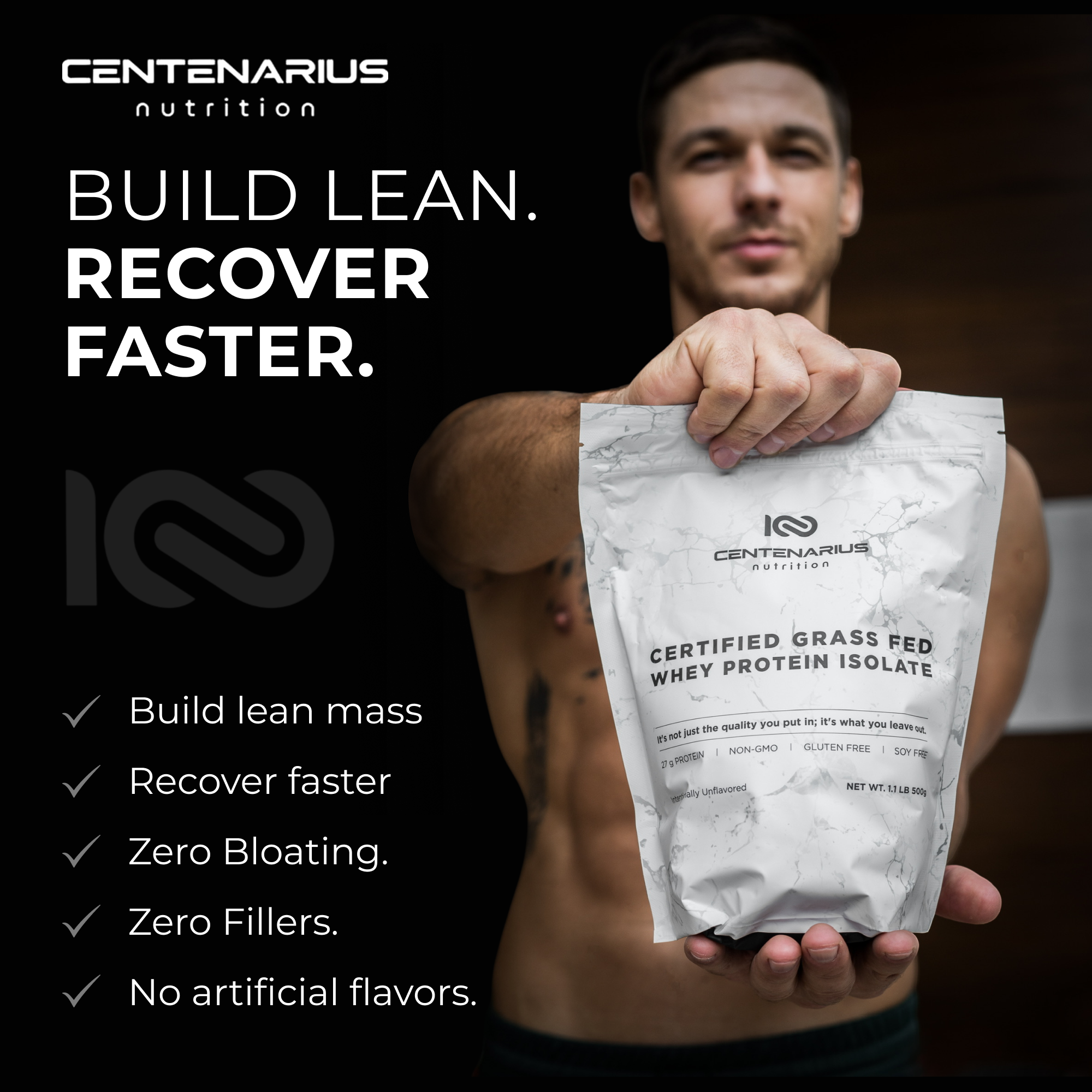 certified grass fed whey protein isolate Centenarius Nutrition zero bloating zero fillers no artificial flavors