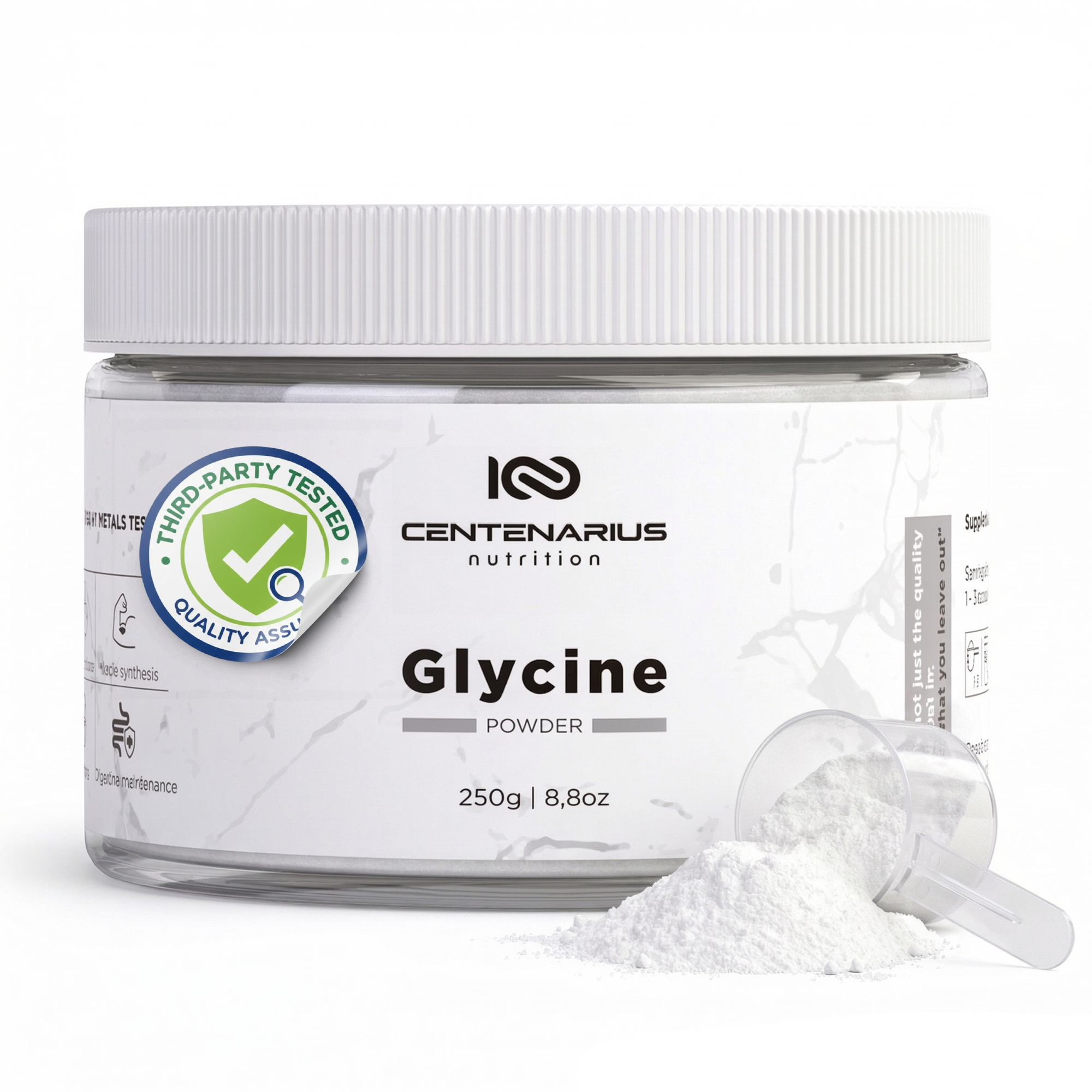 glycine powder supplement pharmaceutical grade Japan sourced 250g third party tested heavy metal tested quality assured no fillers pure amino acid Centenarius Nutrition