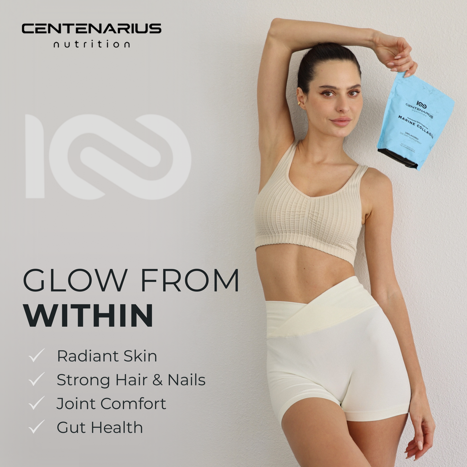 marine collagen supplement for GLP-1 users skin firmness radiant skin strong hair nails joint comfort gut health glow from within Ozempic Wegovy skin support Centenarius Nutrition